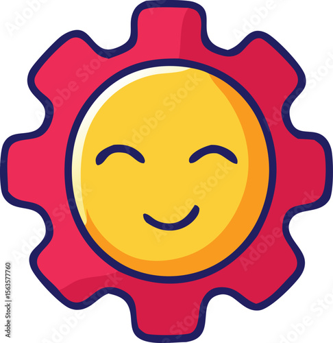 A cheerful smiling sun with a red gear like outer edge conveying happiness and positive energy in a simple illustration