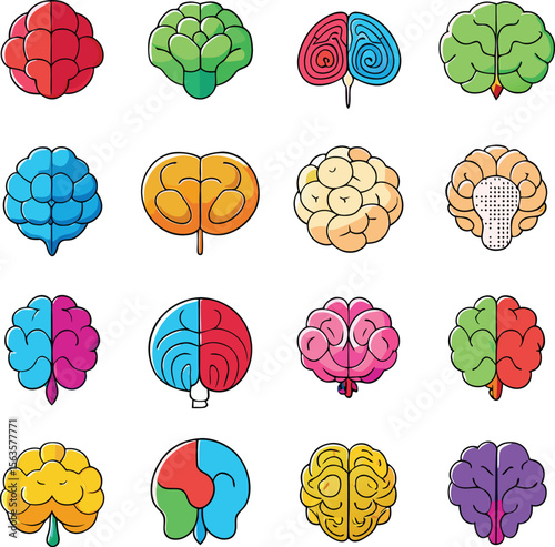 A vibrant collection of stylized cartoon brains in various colors and designs showcasing creativity and diverse representations of the human mind