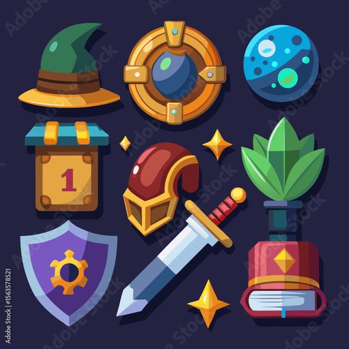 “Fantasy RPG Game Icons – Sword, Potion, Spell Book, Gold Coin, Helmet”

