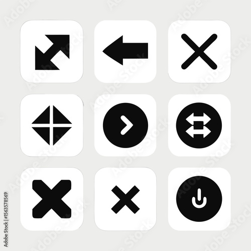 Collection of nine distinct black and white user interface icons representing navigation actions and system functions on a light gray background