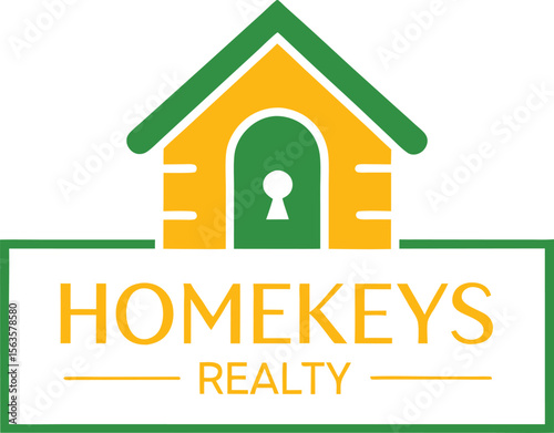 Homekeys realty logo featuring a stylized house with a keyhole and the company name homekeys realty in bold yellow letters isolated on transparent background