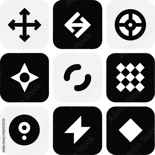 Collection of nine distinct black and white minimalist icons arranged in a three by three grid representing various functions and actions