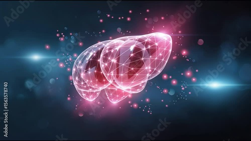 Futuristic Glowing Digital Illustration of Human Liver Depicted with Interconnected Nodes and Lines Symbolizing Medical Technology and Innovation in Vibrant Pink and Blue Hues