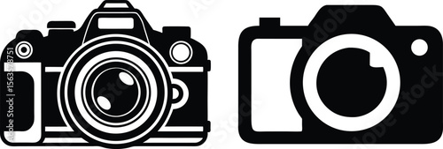 Two black silhouette icons of cameras one a detailed dslr and the other a simpler point and shoot isolated on transparent background