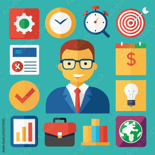 Business professional surrounded by icons representing success goals time management and global business operations