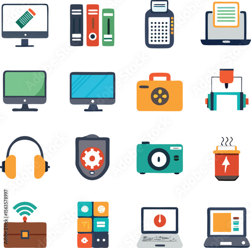 A collection of flat design icons representing various electronic devices office supplies and technology concepts in a clean modern style