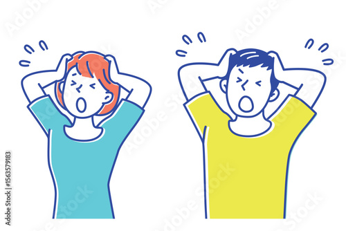 ショックで頭を抱える若い男性と若い女性のイラスト