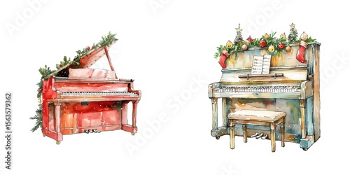 piano christmas decorated watercolor vector illustration