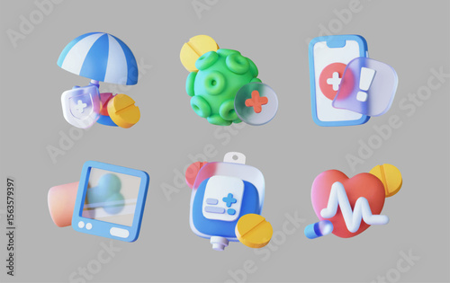 3D medical and healthcare icon set featuring a variety of colorful pills, medical shield, mobile phone with health app, virus symbol, heart monitor, and other health-related elements.