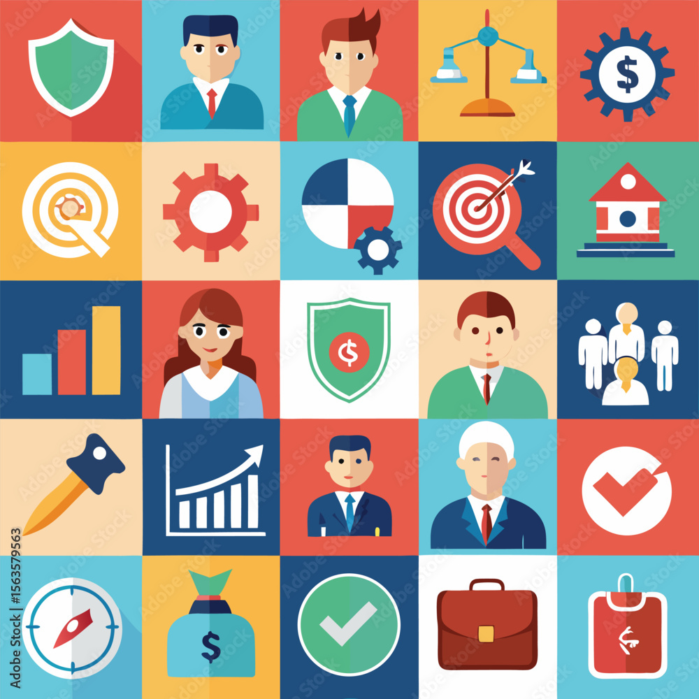 Fototapeta premium Collection of flat design icons representing business concepts like finance teamwork strategy and success in a grid layout