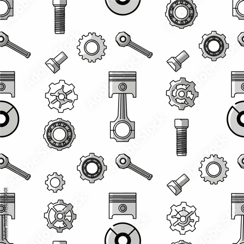 A clean and technical seamless pattern displays a variety of monochromatic mechanical parts, including pistons, gears, bolts, and wrenches, on a white background.
