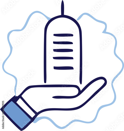 Stylized hand presenting a rotating meat skewer with blue wavy background representing food service or culinary arts