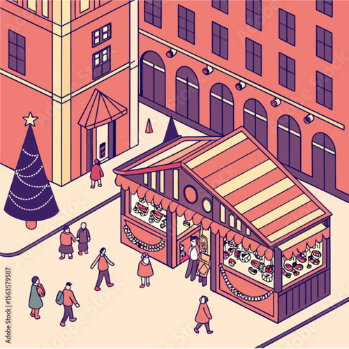Festive City Street with Christmas Market Stall and Tree
