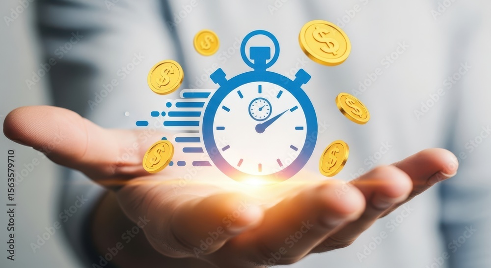 A hand presenting a stopwatch icon with motion lines and floating gold coins, representing time is money. A hand presenting a stopwatch icon with motion lines and floating gold coins, representing time is money.