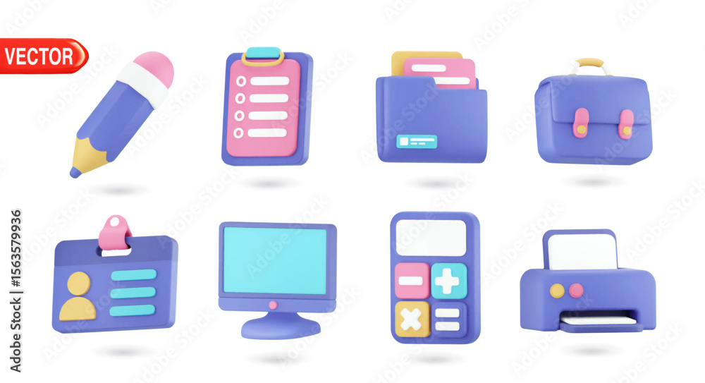 3D vector icons collection of office tools and stationery. Featuring pencil, calculator, printer, computer, folder, ID card, file, and other essential office items in vibrant colors
3D vector icons collection of office tools and stationery. Featuring pencil, calculator, printer, computer, folder, ID card, file, and other essential office items in vibrant colors