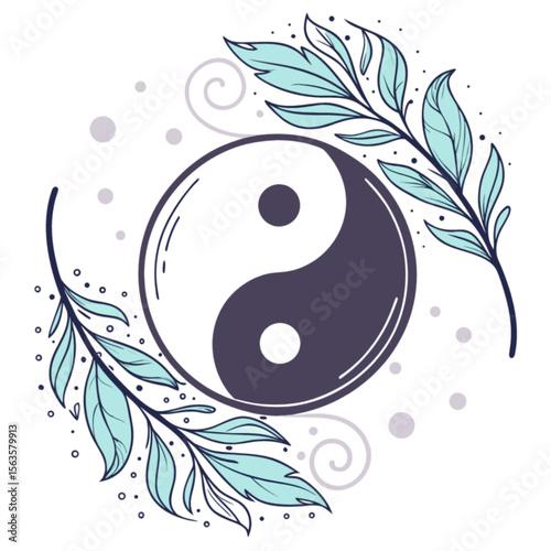 Stylized Yin and Yang with Feathered Leaves and Swirls