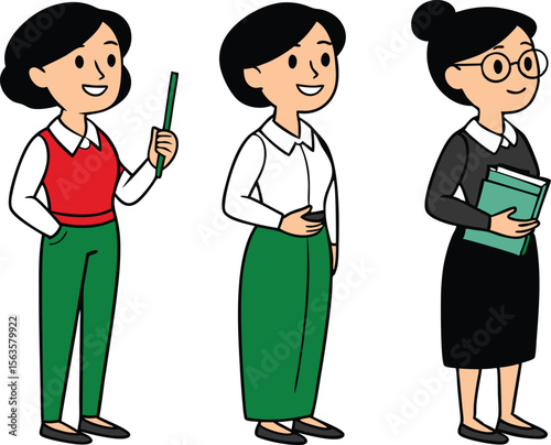 Three cartoon women in professional attire one holding a pointer stick another with hands on hips and the third holding books isolated on transparent background