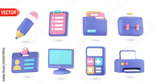 3D vector icons collection of office tools and stationery. Featuring pencil, calculator, printer, computer, folder, ID card, file, and other essential office items in vibrant colors
