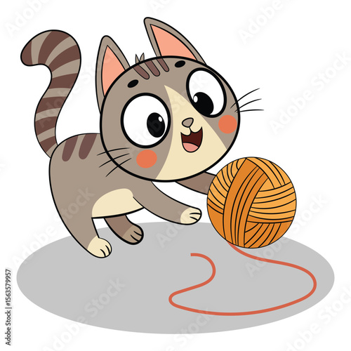 Feline cat playing with yarn ball cartoon vector illustration