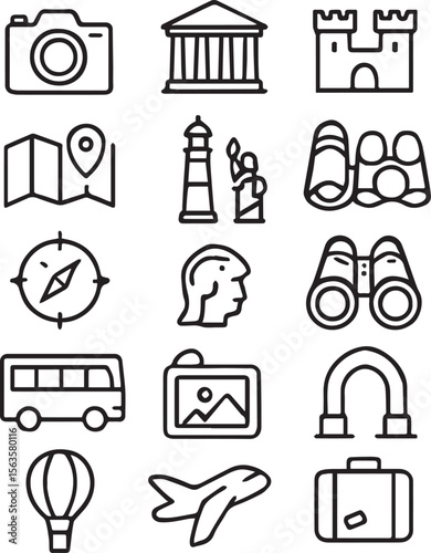 Sightseeing Trip Vector Icon Set  Adjustable Line Weight  Travel, camera, map, monument, museum, castle, compass, lighthouse, statue, binoculars, bus, art, adventure icons