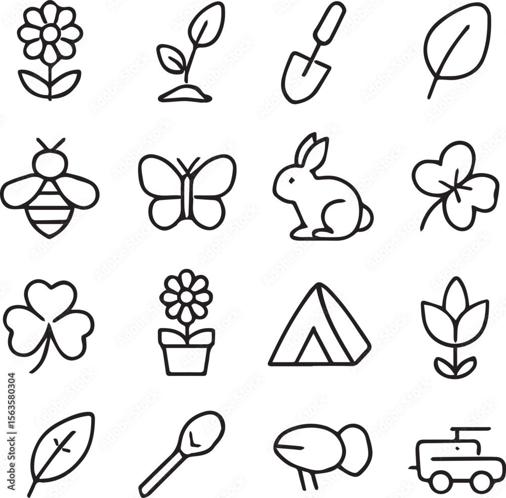 Obraz premium Spring Season Vector Icon Set Adjustable Line Weight Flower, plant, gardening, nature, picnic, bee, butterfly, bunny, leaf, clover, growth, camp, bloom icons 