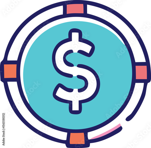 Stylized circular graphic featuring a prominent white dollar sign against a bright turquoise background with blue and coral accents