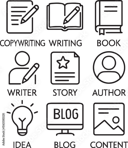 Storyteller line icon set. Copywriting, writing a book, writer, story, autor, idea, blog, content and more . Outline icon in linear style. Vector collection