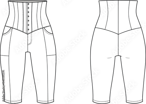 High waist shapewear leggings, compression pants design, front hook closure, technical flat sketch, slimming bodywear, contour support garment illustration