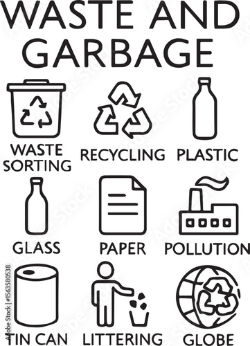Waste and garbage line icon set. Waste sorting, recycling, plastic, glass, pollution and more. Outline icon in linear style. Vector collection.
