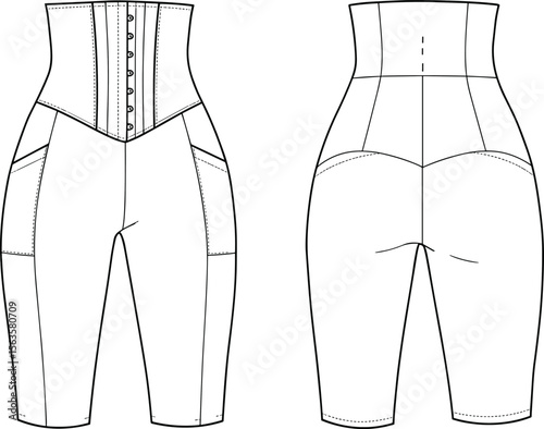 High waist compression shapewear shorts, front hook closure, back seam detail, slimming support design, technical flat fashion sketch illustration