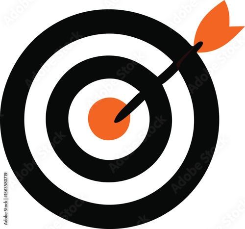 A perfectly aimed orange dart strikes the bullseye of a black and white target symbolizing success and precision