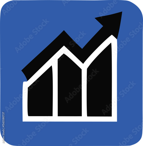 Simple blue square icon featuring a black and white bar graph with an upward trending arrow indicating growth and progress