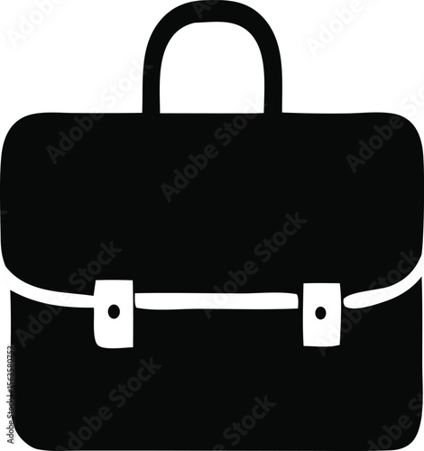 Simple black silhouette of a classic briefcase with a top handle and buckle closures on a white background