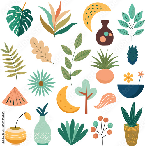 A vibrant collection of stylized tropical leaves potted plants and abstract shapes in a warm earthy color palette