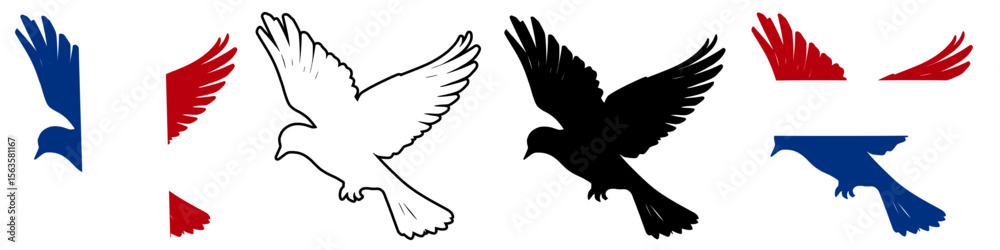 Fototapeta premium French Bastille Day Silhouette - Patriotic Pigeon Flying with Tricolor Flag Design, Blue, White, and Red - Vector Illustration for July National Independence Celebration.
