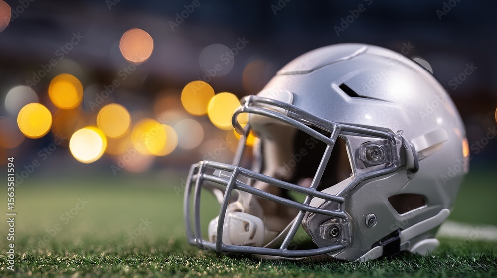 Fototapeta premium American football helmet lying on green field with cleat marks, ready for next play. Sports equipment, athletic competition, team spirit and determination in professional game. 