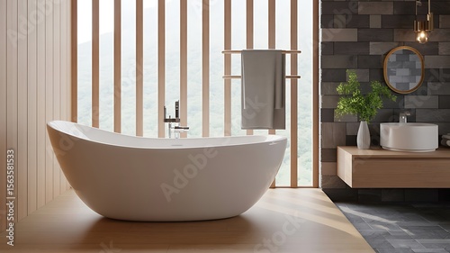 Modern bathroom with freestanding bathtub and vanity sink