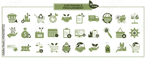 Sustainable procurement icon set. Collection of 30 green environmental and business icons including recycling, energy, supply chain, factory, shopping cart. Green purchasing. Vector illustration