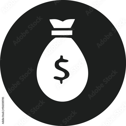 Simple white money bag icon with a dollar sign inside set against a solid black circular background