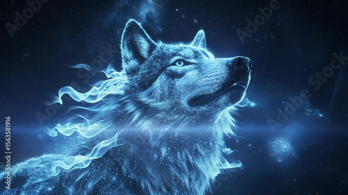 Digital Wolf Head Emerging from Space with Electric Energy Streams in Futuristic Style