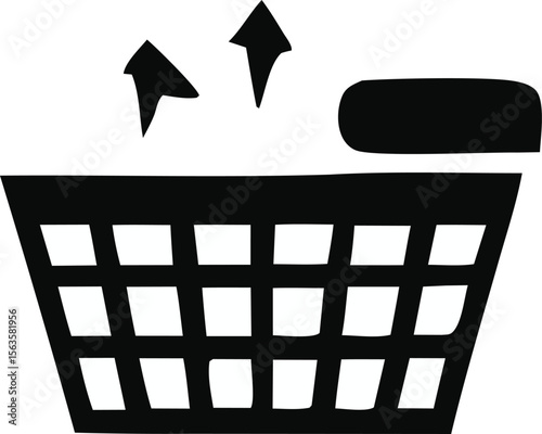 Black and white icon of a laundry basket with items being thrown out symbolizing decluttering or removal