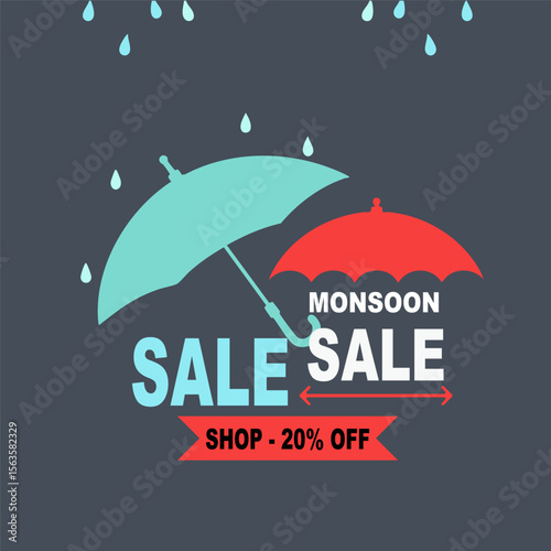 Monsoon-themed retail banner with bold colors and raindrop art.