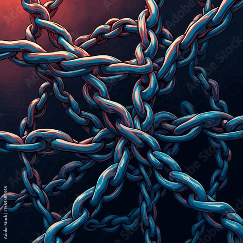 Colorful vector illustration of tangled metal chains Abstract industrial background with linked steel for strength and connection concepts