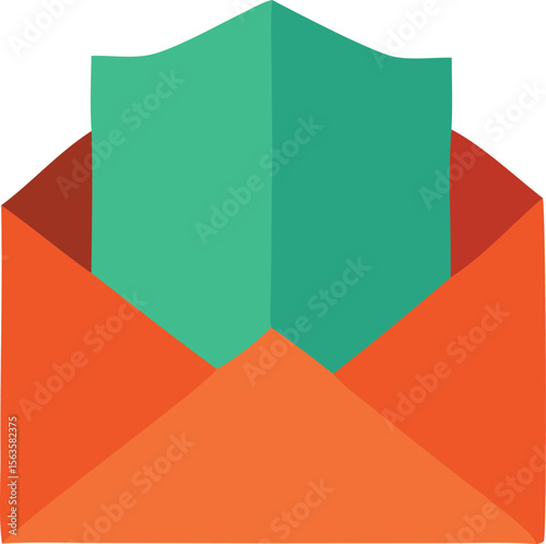 An open orange envelope reveals a protective teal shield with horizontal lines symbolizing secure communication and data