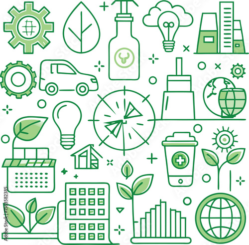 A vibrant collection of green line art icons representing sustainability renewable energy and environmental protection concepts