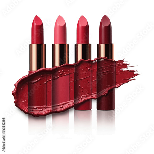 Lipstick set with color swatches vector illustration Colorful red and pink makeup palette in gold tubes for beauty and cosmetic design