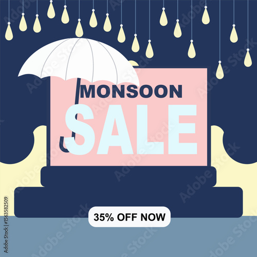 Festive monsoon promotion poster with vivid raindrop visuals.