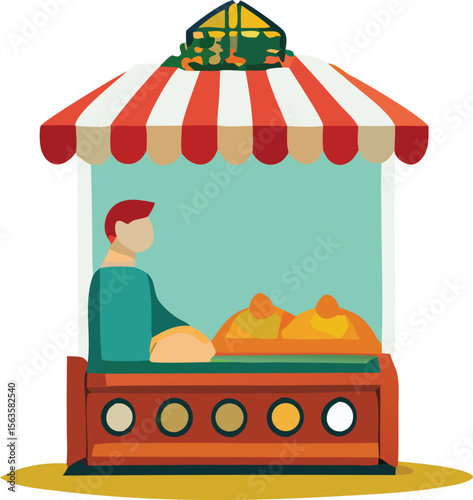Stylized illustration of a vendor at a colorful striped market stall selling baked goods