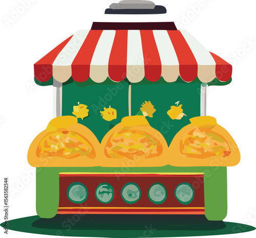 Colorful food stand with red and white striped awning displaying delicious food items and decorative elements