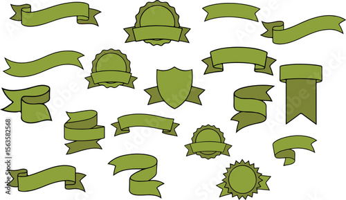 Green Ribbon and Badge Vector Set –  Minimal Decorative Elements for Branding and Awards